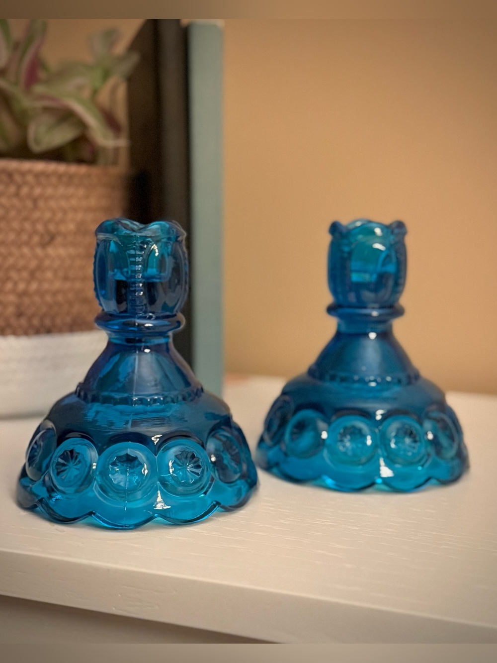 Vintage L.E. Smith Moon & Stars Colonial Blue Glass Candlestick Holders Pair
